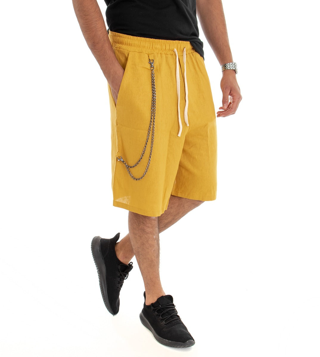 Bermuda Shorts Men's Linen Solid Color Mustard Elastic Waist GIOSAL-PC1462A