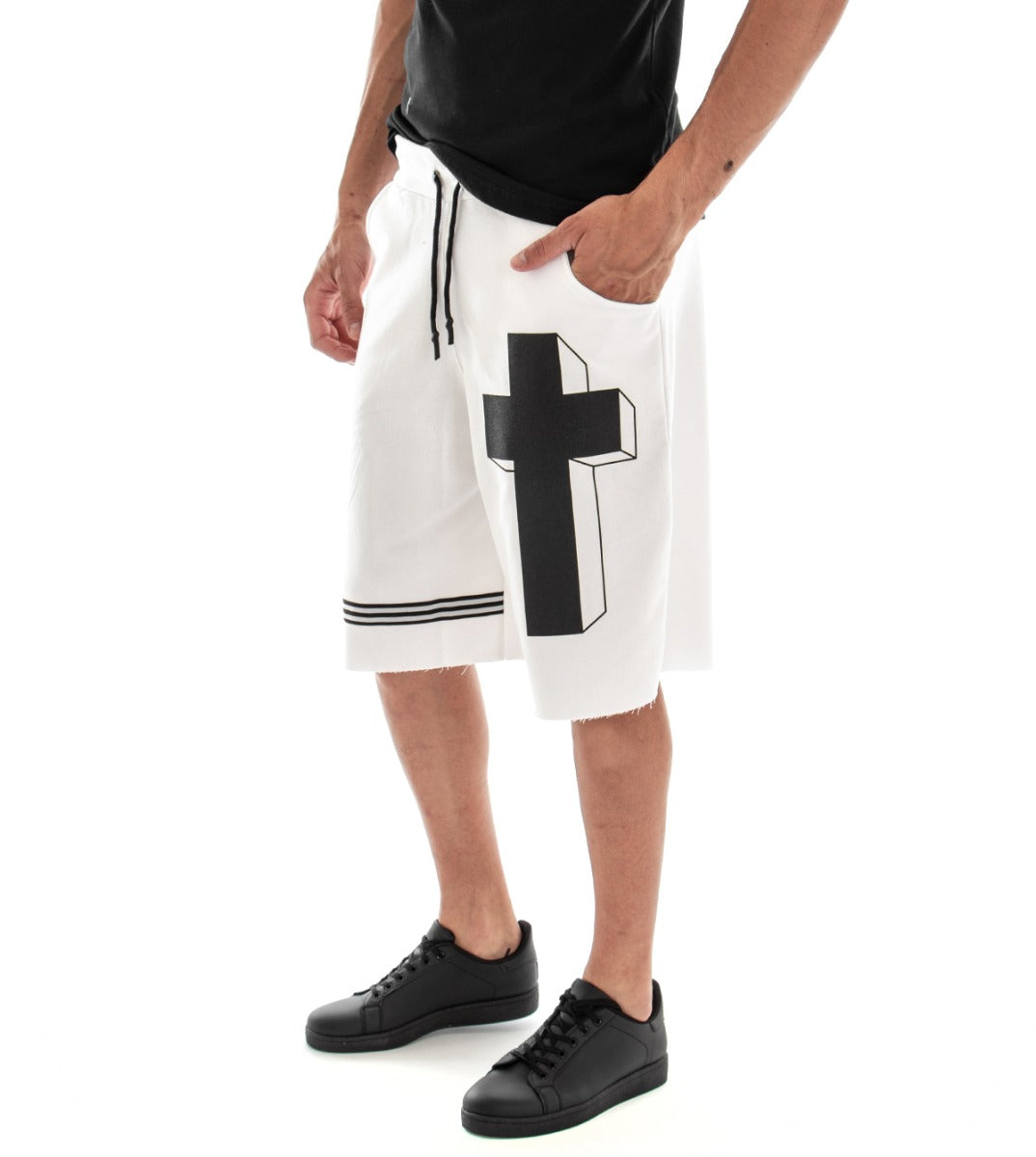 Bermuda Pantaloncino Uomo Uomo Corto Bianco Stampa Croce Elastico GIOSAL-PC1507A
