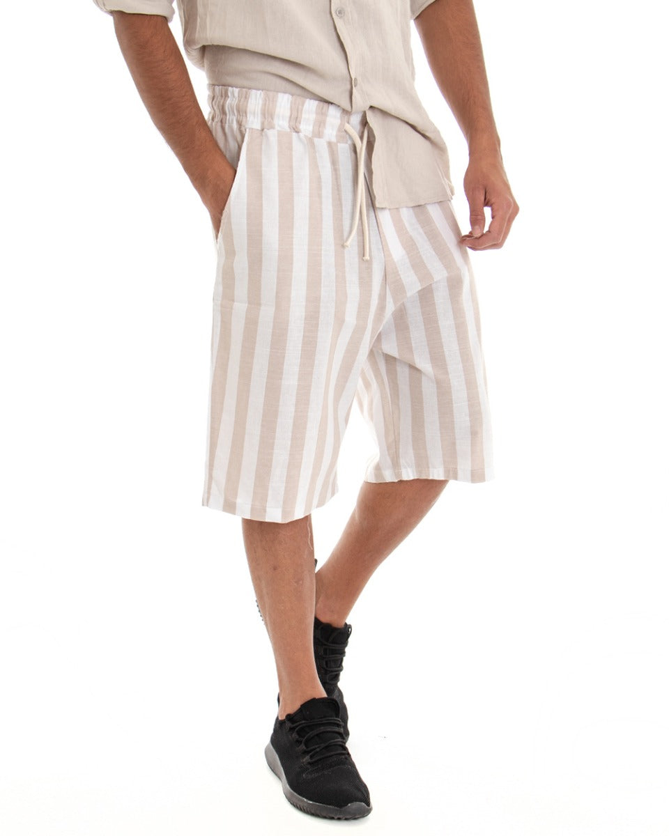 Bermuda Shorts Men's Short Striped Beige White Elastic Cotton GIOSAL-PC1520A
