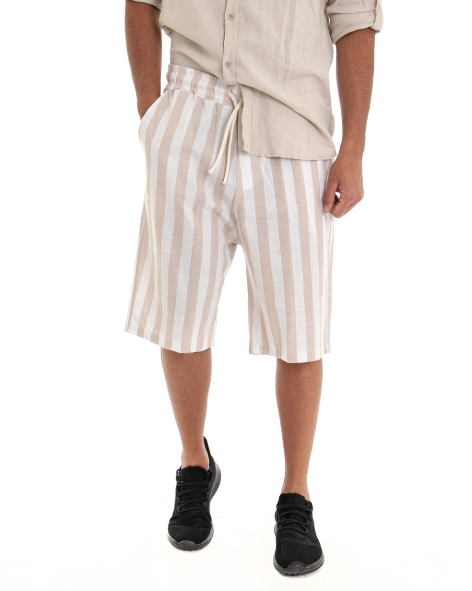 Bermuda Pantaloncino Uomo Corto Rigato Beige Bianco Elastico Cotone GIOSAL-PC1520A
