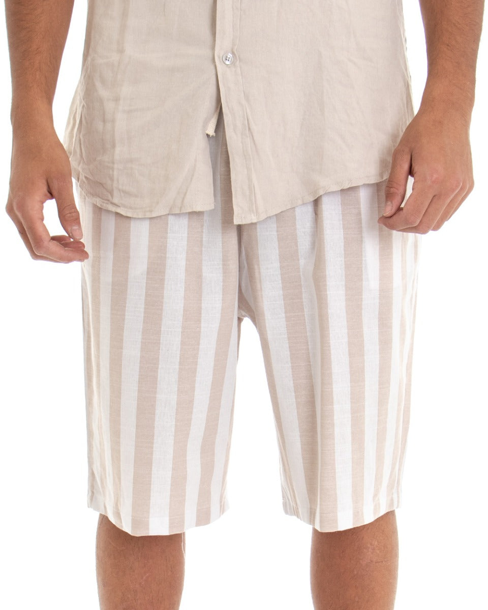 Bermuda Pantaloncino Uomo Corto Rigato Beige Bianco Elastico Cotone GIOSAL-PC1520A