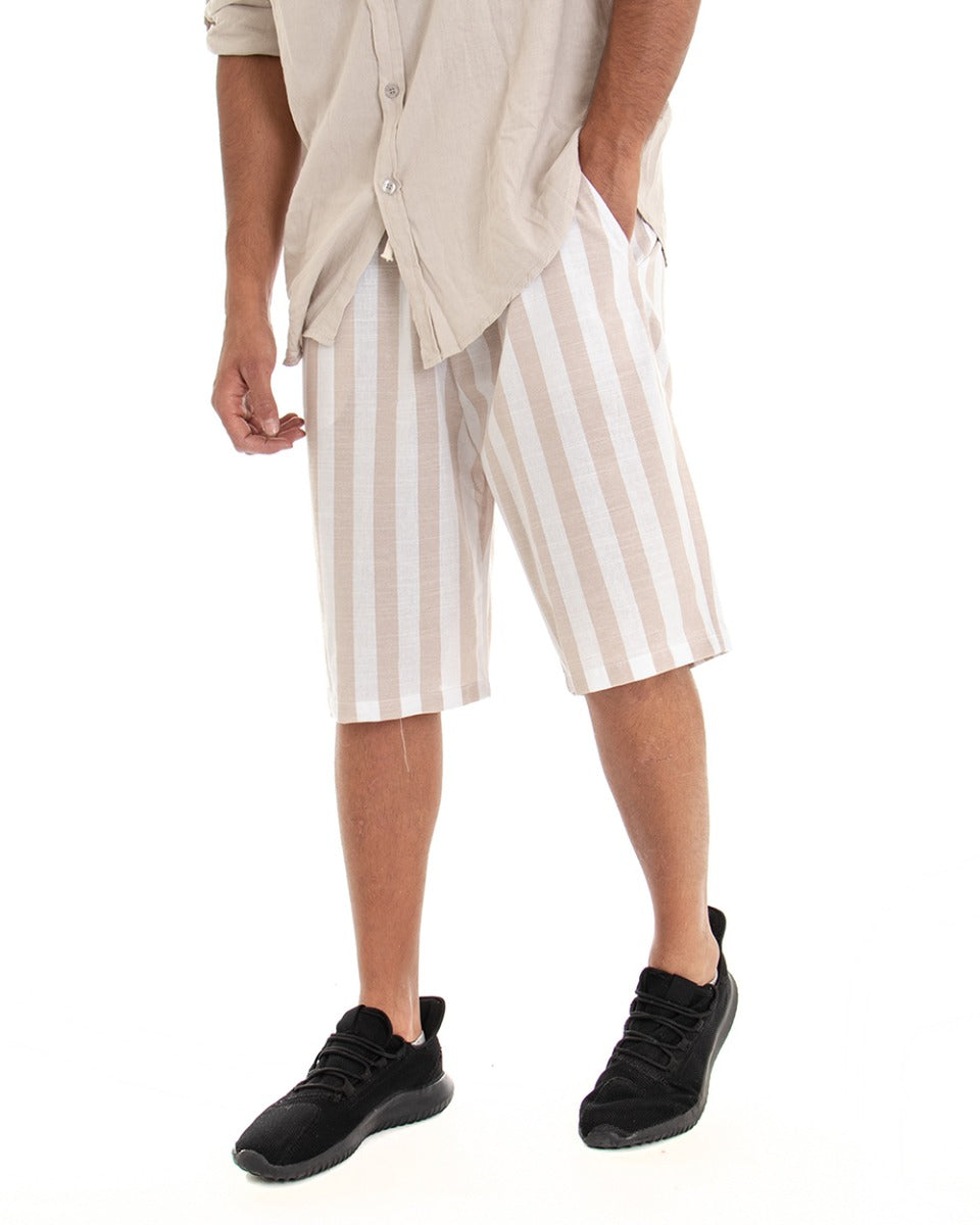 Bermuda Shorts Men's Short Striped Beige White Elastic Cotton GIOSAL-PC1520A