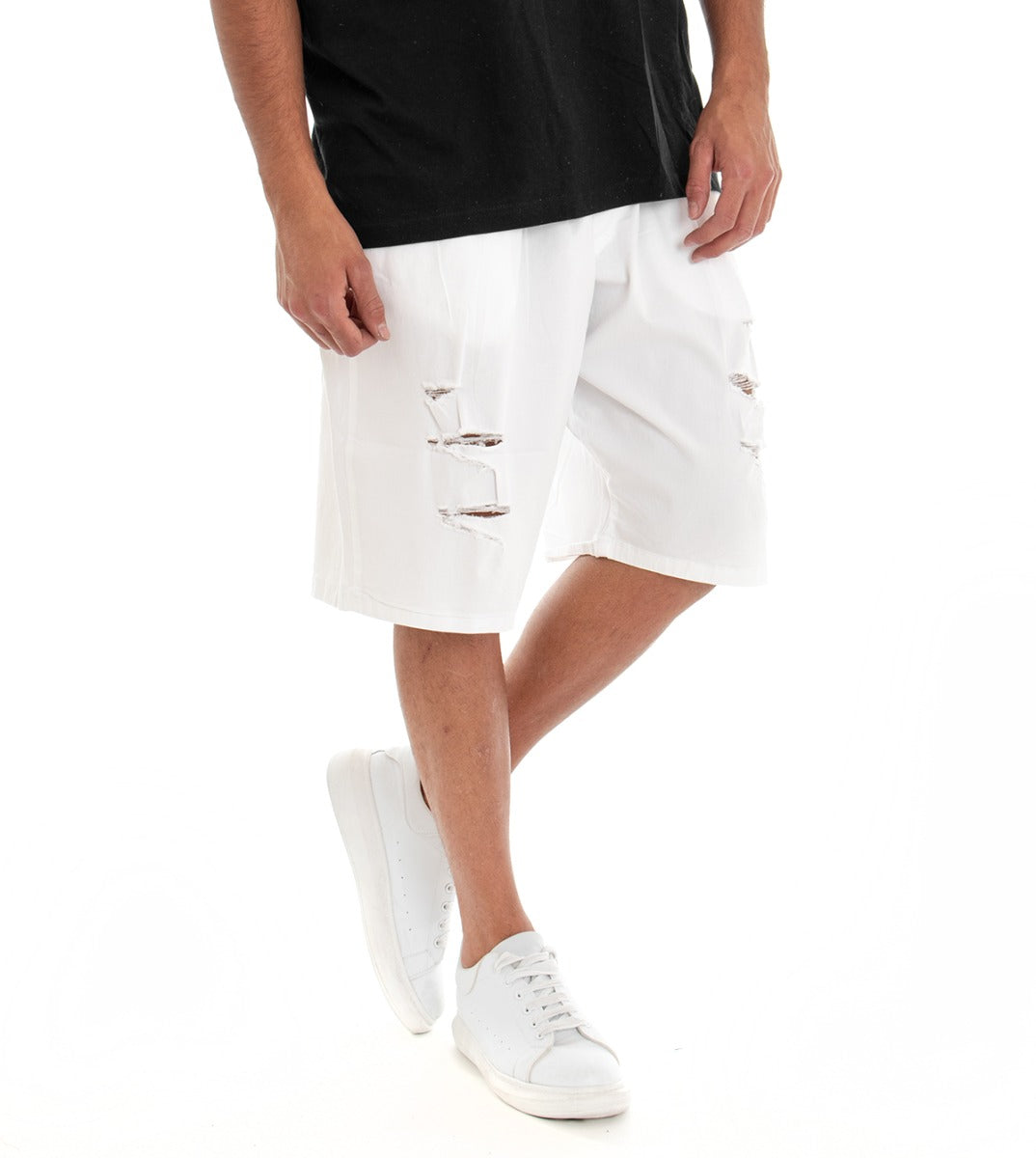 Bermuda Pantaloncino Uomo Shorts Over Tinta Unita Bianco Rotture GIOSAL-PC1527A