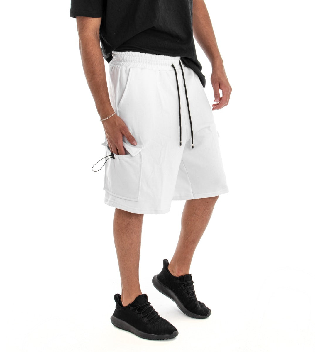 Bermuda Pantaloncino Uomo Shorts Tuta Tinta Unita Cargo Elastico Bianco GIOSAL-PC1541A