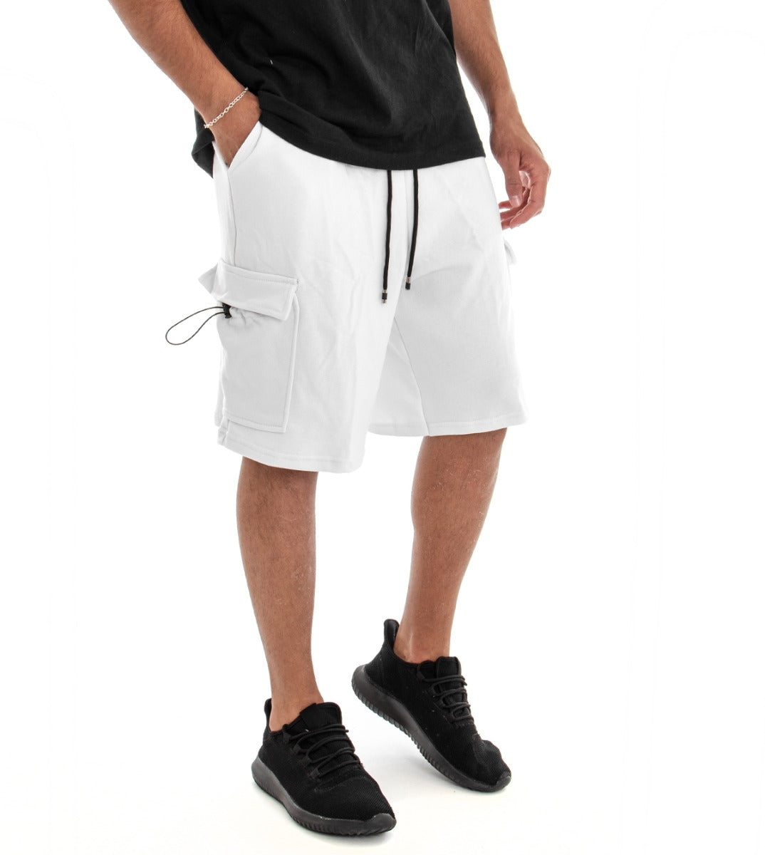 Bermuda Pantaloncino Uomo Shorts Tuta Tinta Unita Cargo Elastico Bianco GIOSAL-PC1541A