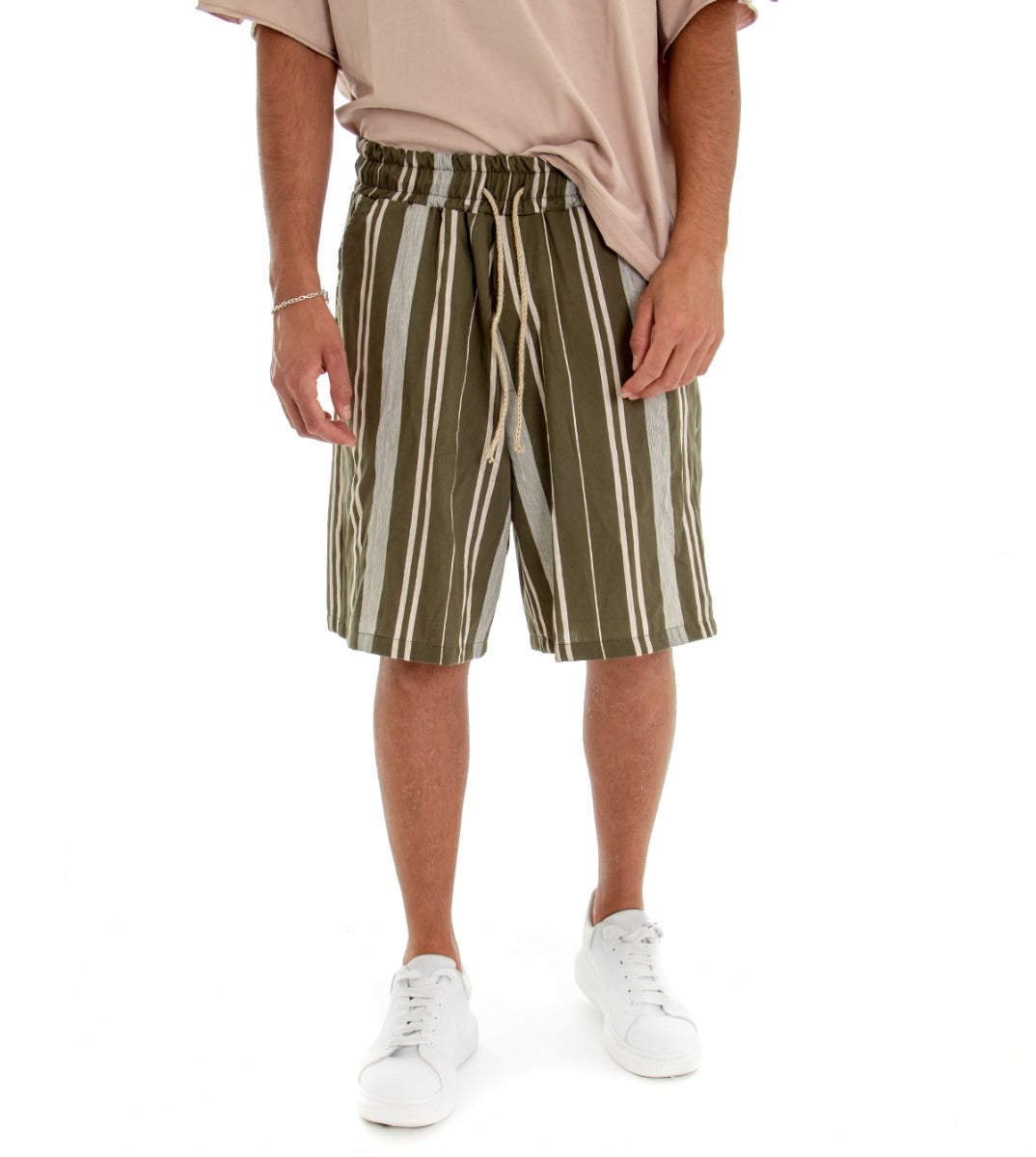 Bermuda Pantaloncino Uomo Shorts Rigato Verde Elastico GIOSAL-PC1542A