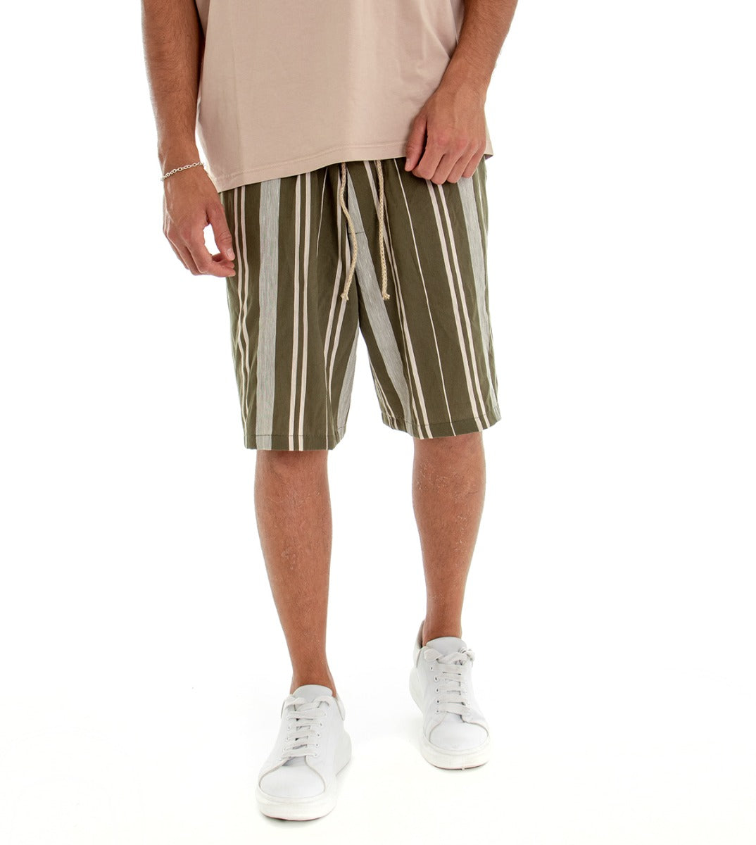 Bermuda Shorts Men's Shorts Striped Green Elastic GIOSAL-PC1542A