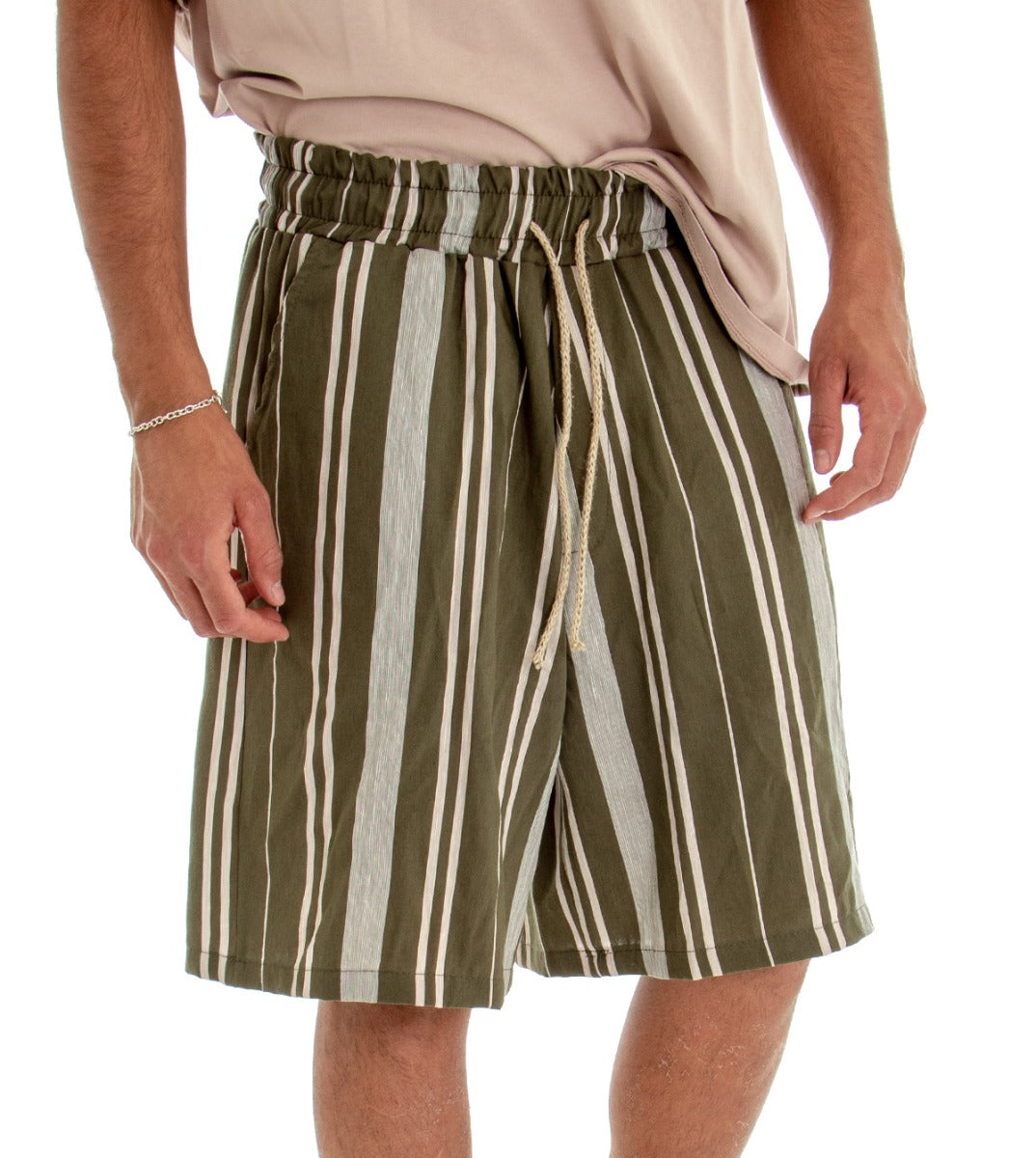 Bermuda Shorts Men's Shorts Striped Green Elastic GIOSAL-PC1542A