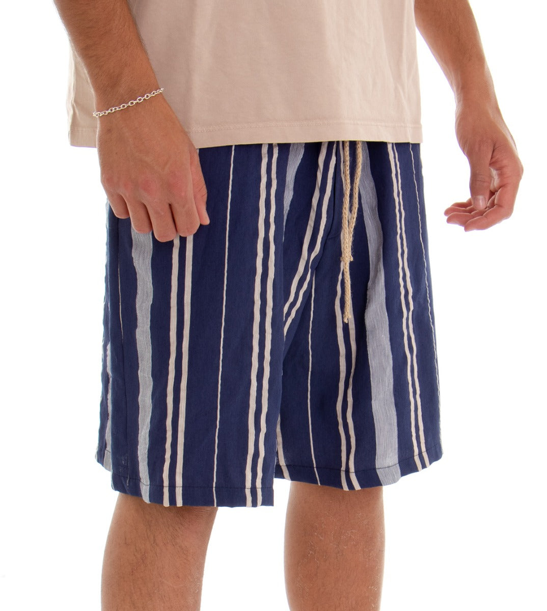 Bermuda Pantaloncino Uomo Shorts Rigato Blu Elastico GIOSAL-PC1544A