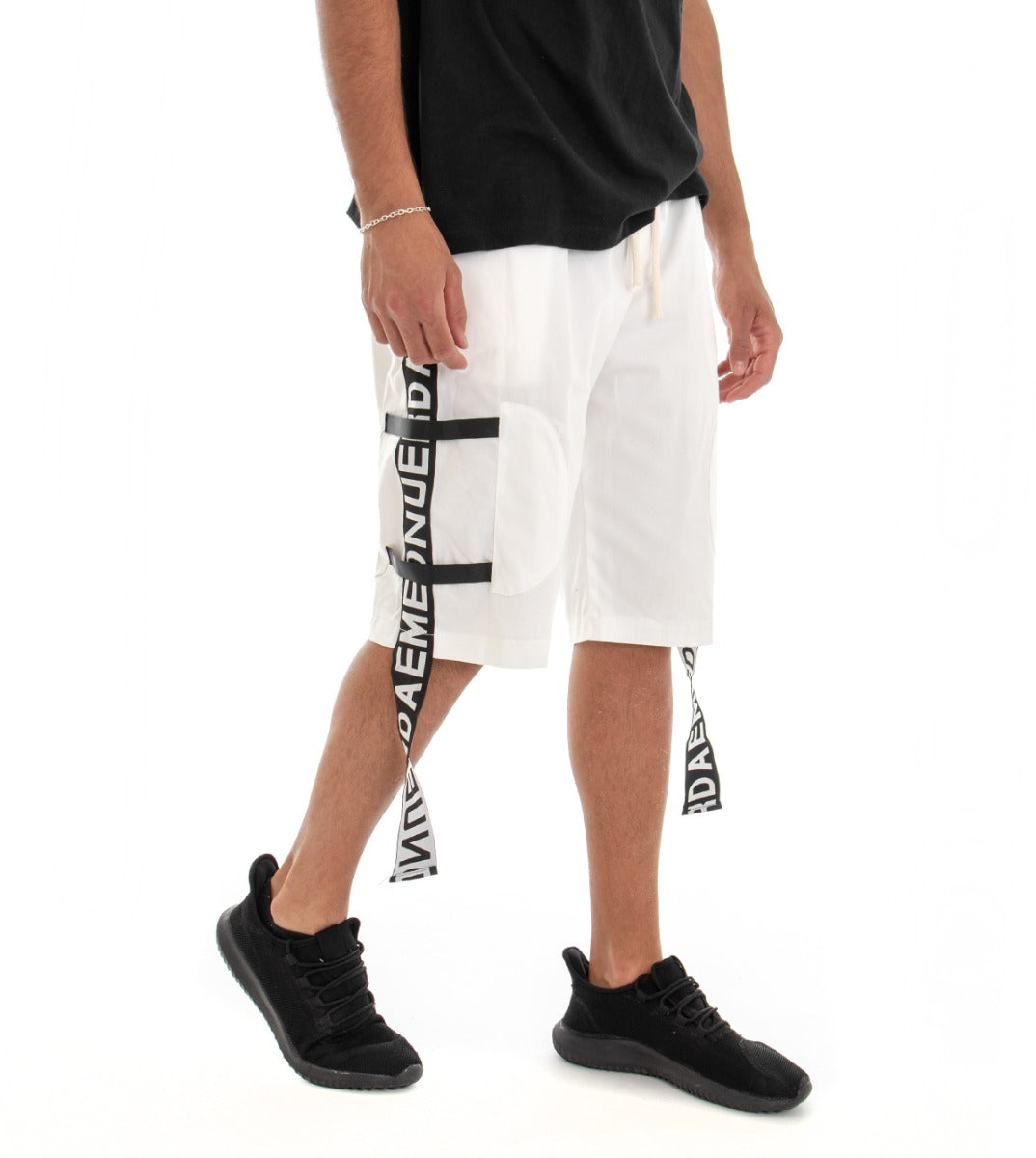 Bermuda Pantaloncino Uomo Shorts Tuta Bianco Fasce Laterali GIOSAL-PC1552A