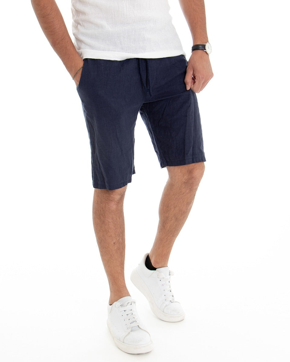 Bermuda Pantaloncino Uomo Lino Tinta Unita Blu Pantalaccio GIOSAL-PC1642A