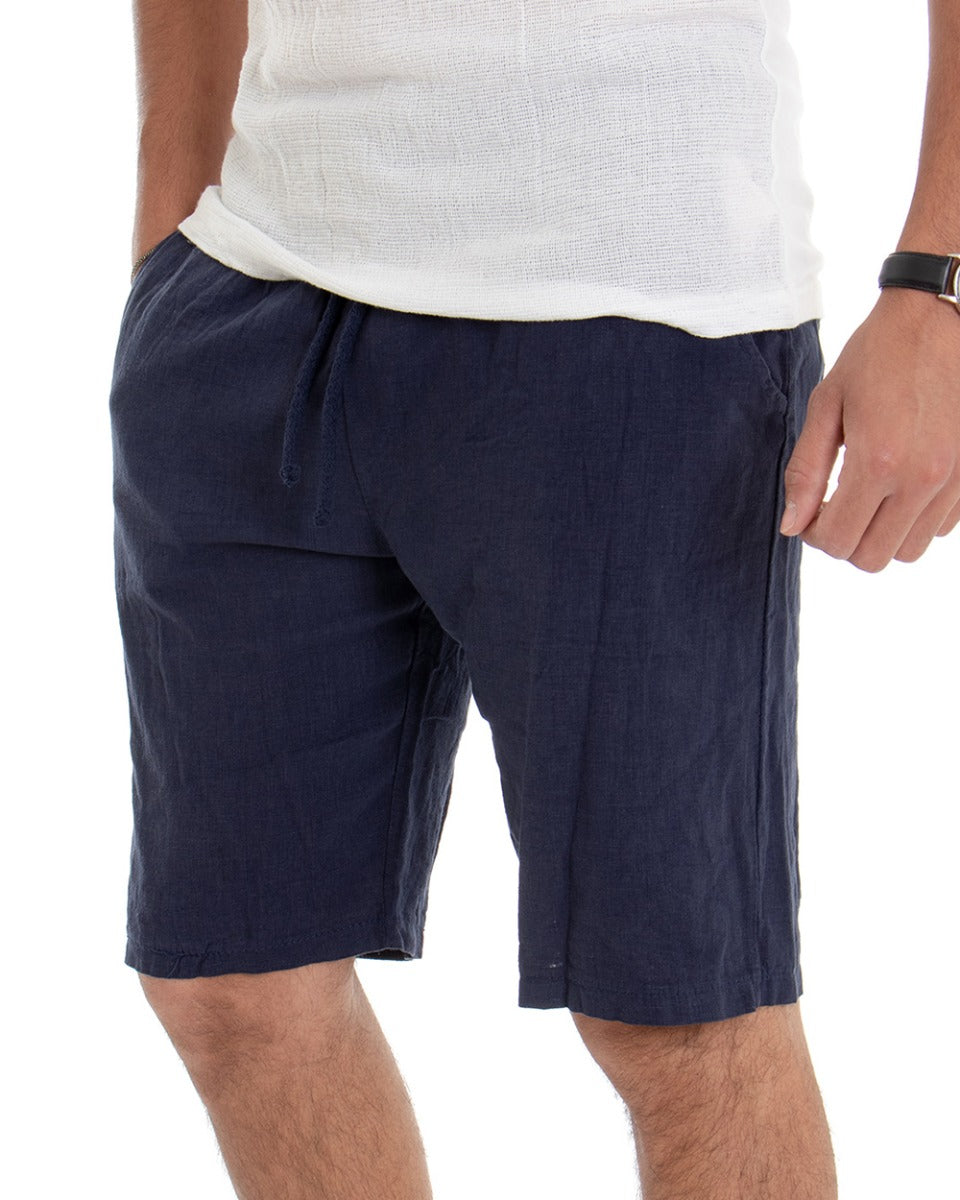 Bermuda Pantaloncino Uomo Lino Tinta Unita Blu Pantalaccio GIOSAL-PC1642A