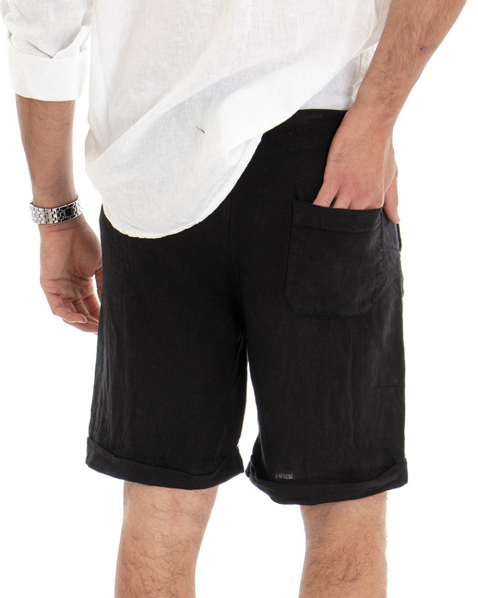 Bermuda Shorts Men's Linen Solid Color Black America Pocket GIOSAL-PC1646A