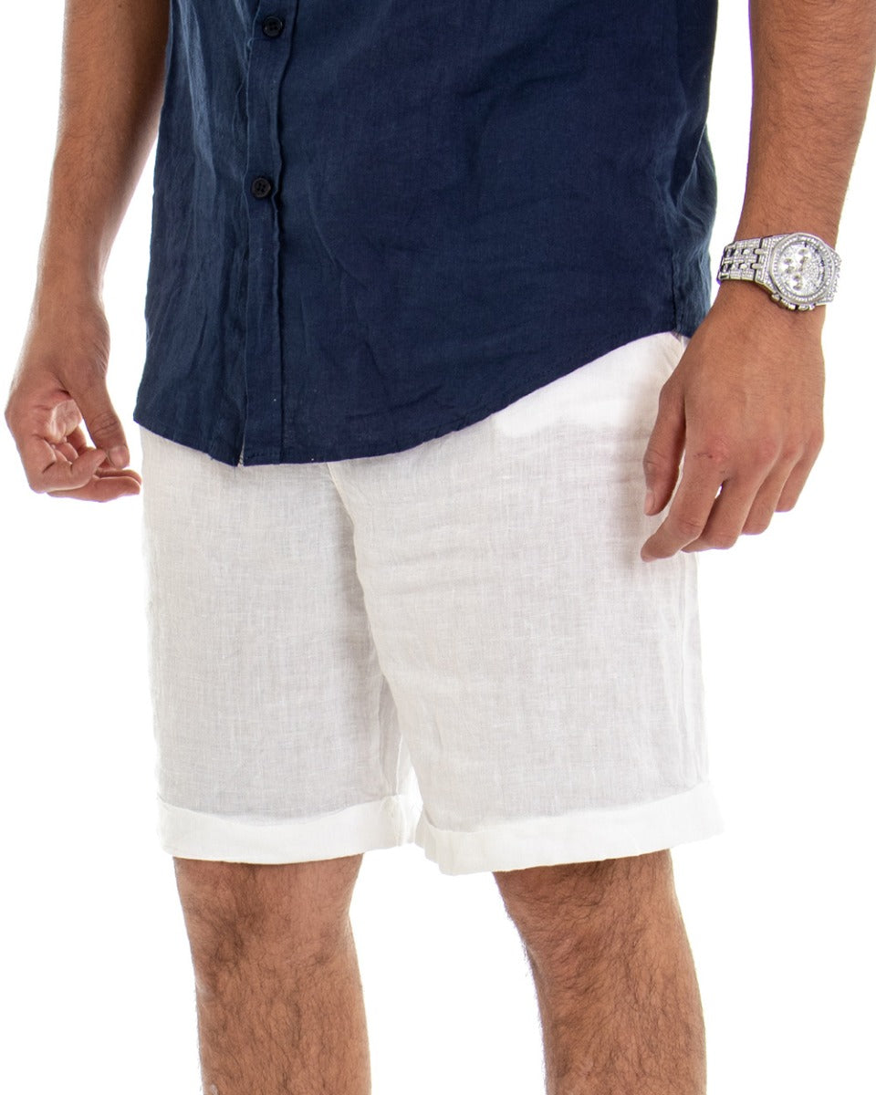 Bermuda Pantaloncino Uomo Corto Lino Tinta Unita Bianco Tasca America GIOSAL-PC1647A