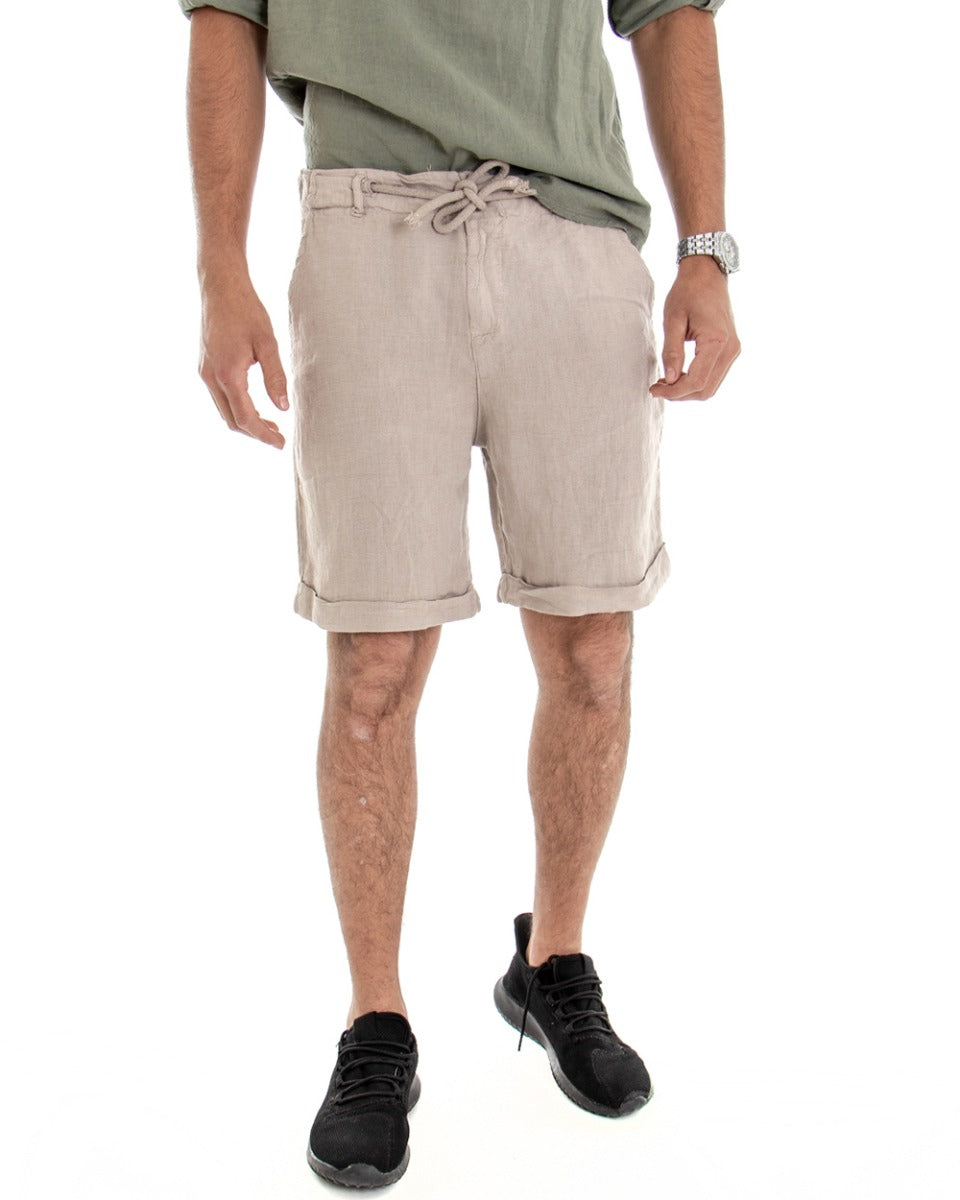 Bermuda Shorts Men's Linen Solid Color Beige America Pocket GIOSAL-PC1650A