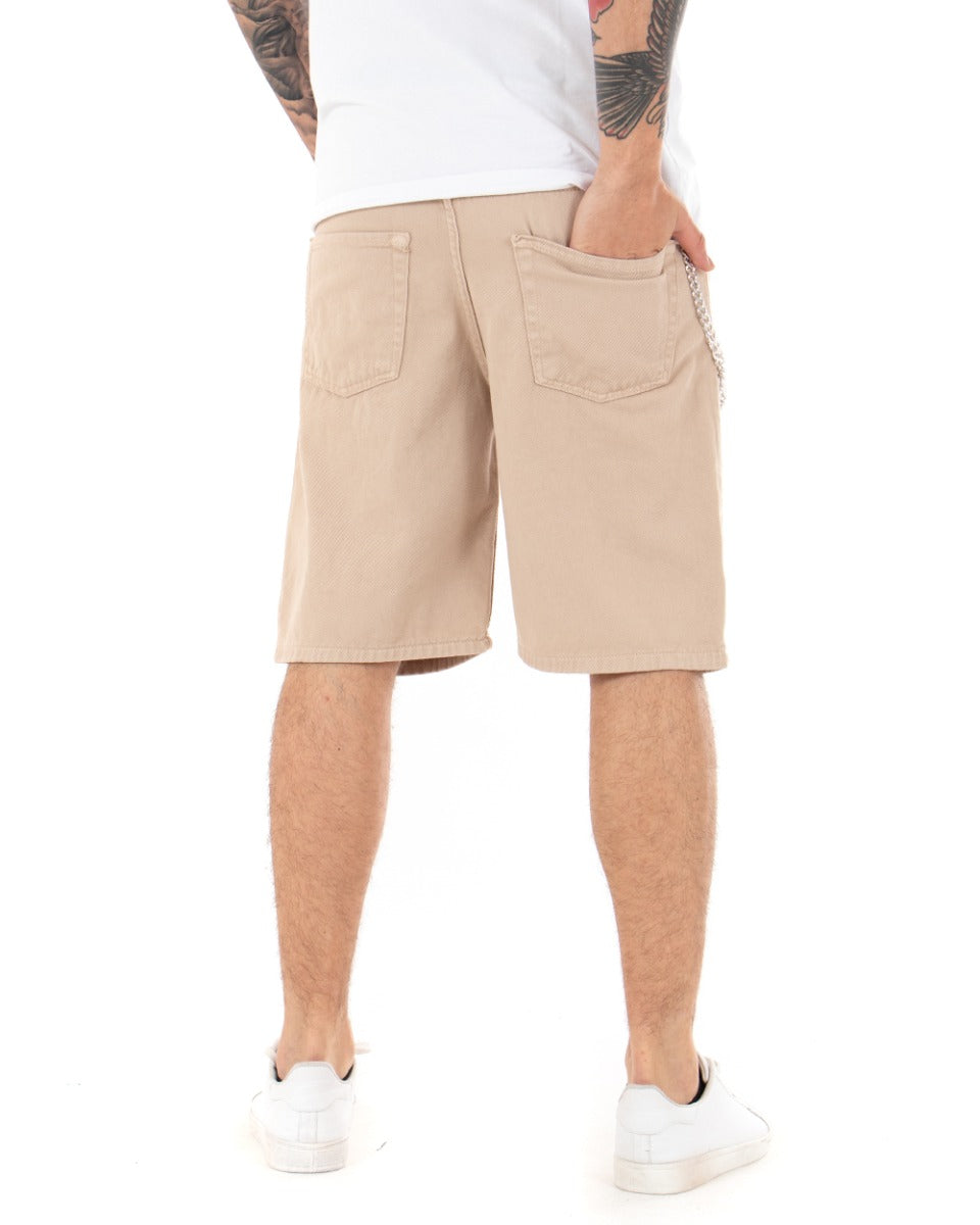 Bermuda Pantaloncini Uomo Corti Cotone Casual Cinque Tasche Con Catena Tinta Unita Beige GIOSAL-PC1711A