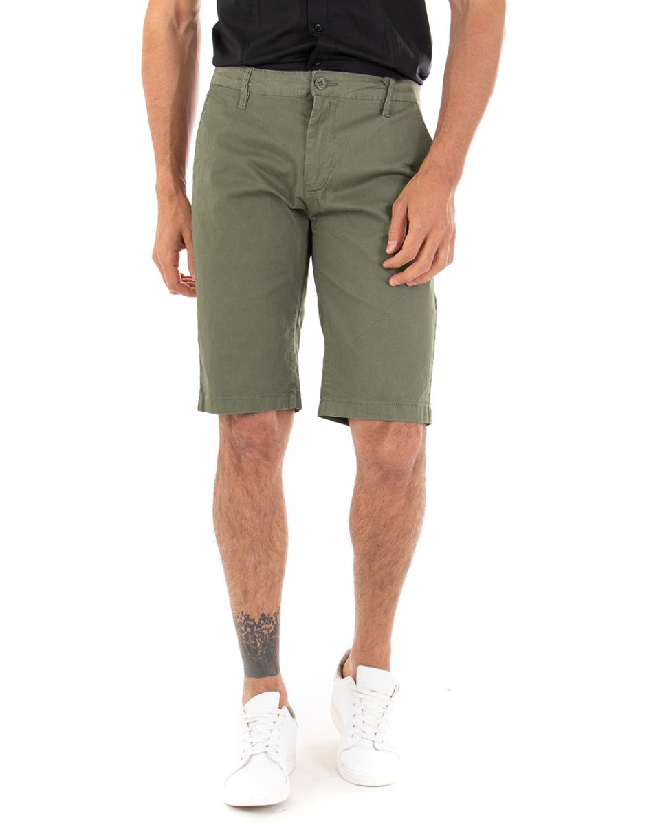 Bermuda Pantaloncino Uomo Corto Tinta Unita Verde Militare Classico Tasca America Cotone Casual GIOSAL-PC1723A