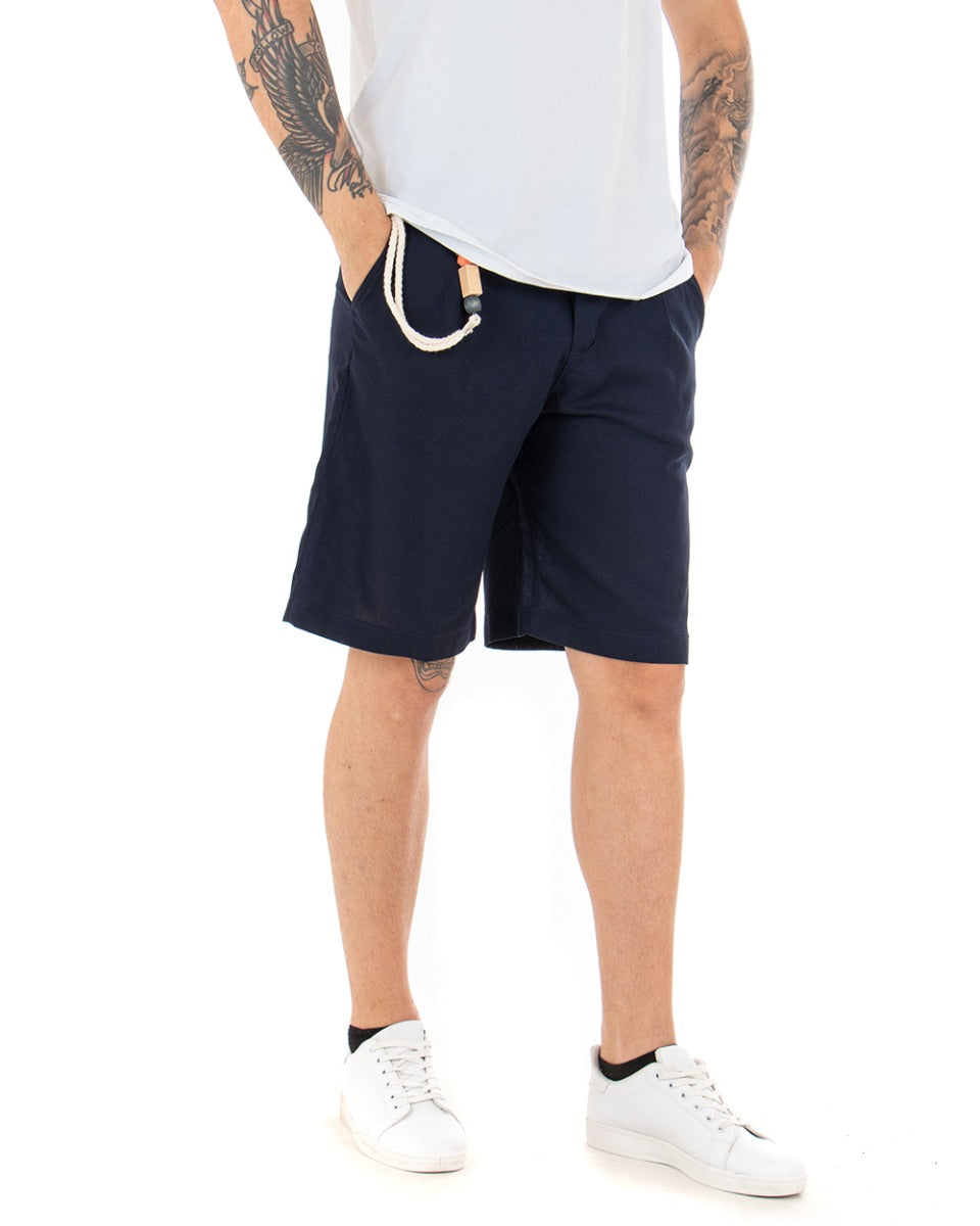 Bermuda Men's Short Linen Shorts with Elongated Button Blue GIOSAL-PC1756A