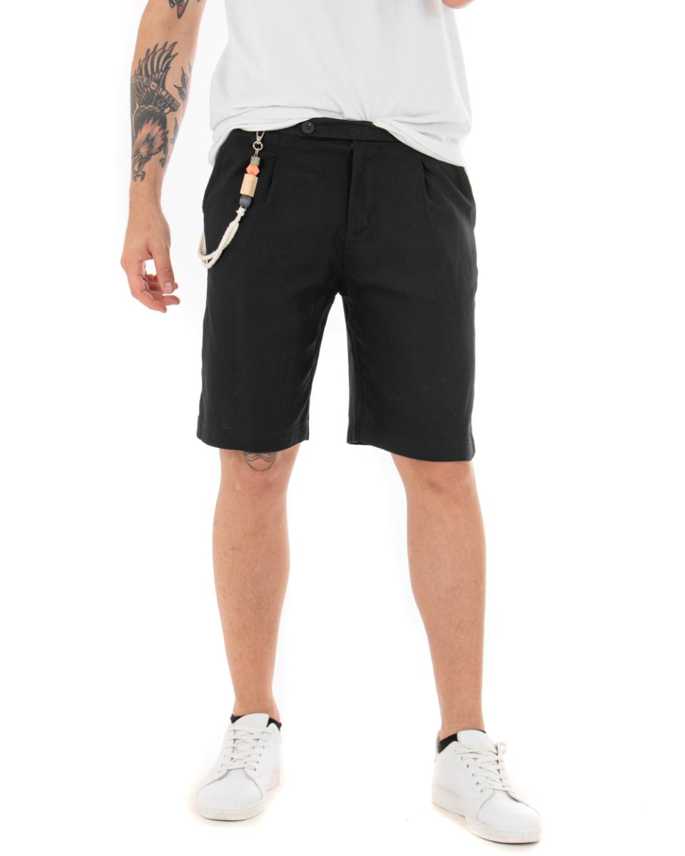 Bermuda Men's Short Linen Shorts with Elongated Button Black GIOSAL-PC1757A