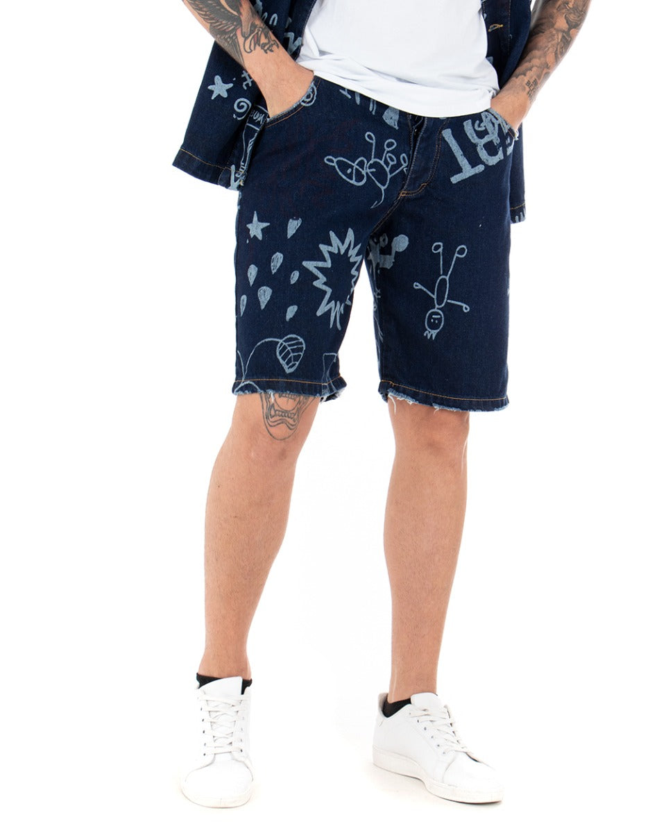 Bermuda Pantaloncino Uomo Jeans Denim Scuro Stampe Cinque Tasche GIOSAL-PC1767A