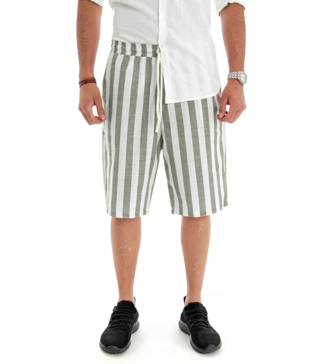 Men's Short Striped Green Bermuda Shorts GIOSAL-PC1793A