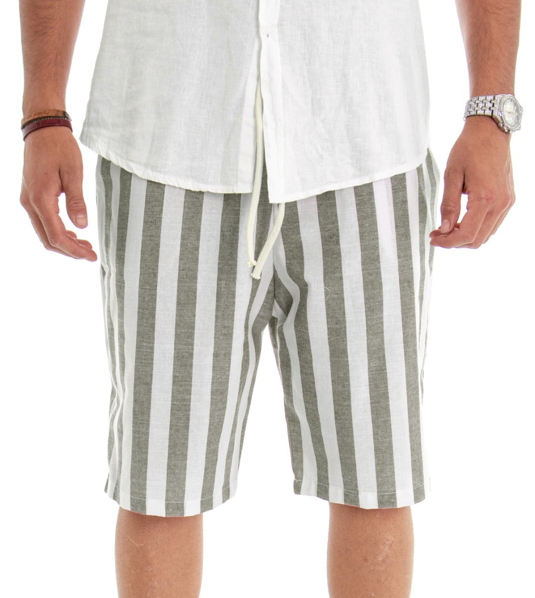 Men's Short Striped Green Bermuda Shorts GIOSAL-PC1793A