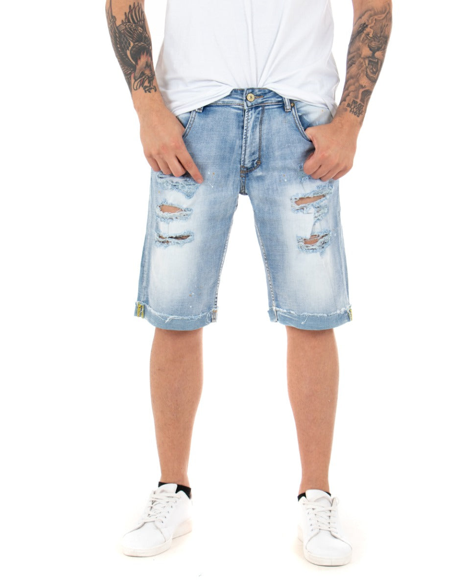 Bermuda Pantaloncino Uomo Jeans Corto Denim Rotture Chiaro Cinque Tasche GIOSAL-PC1795A