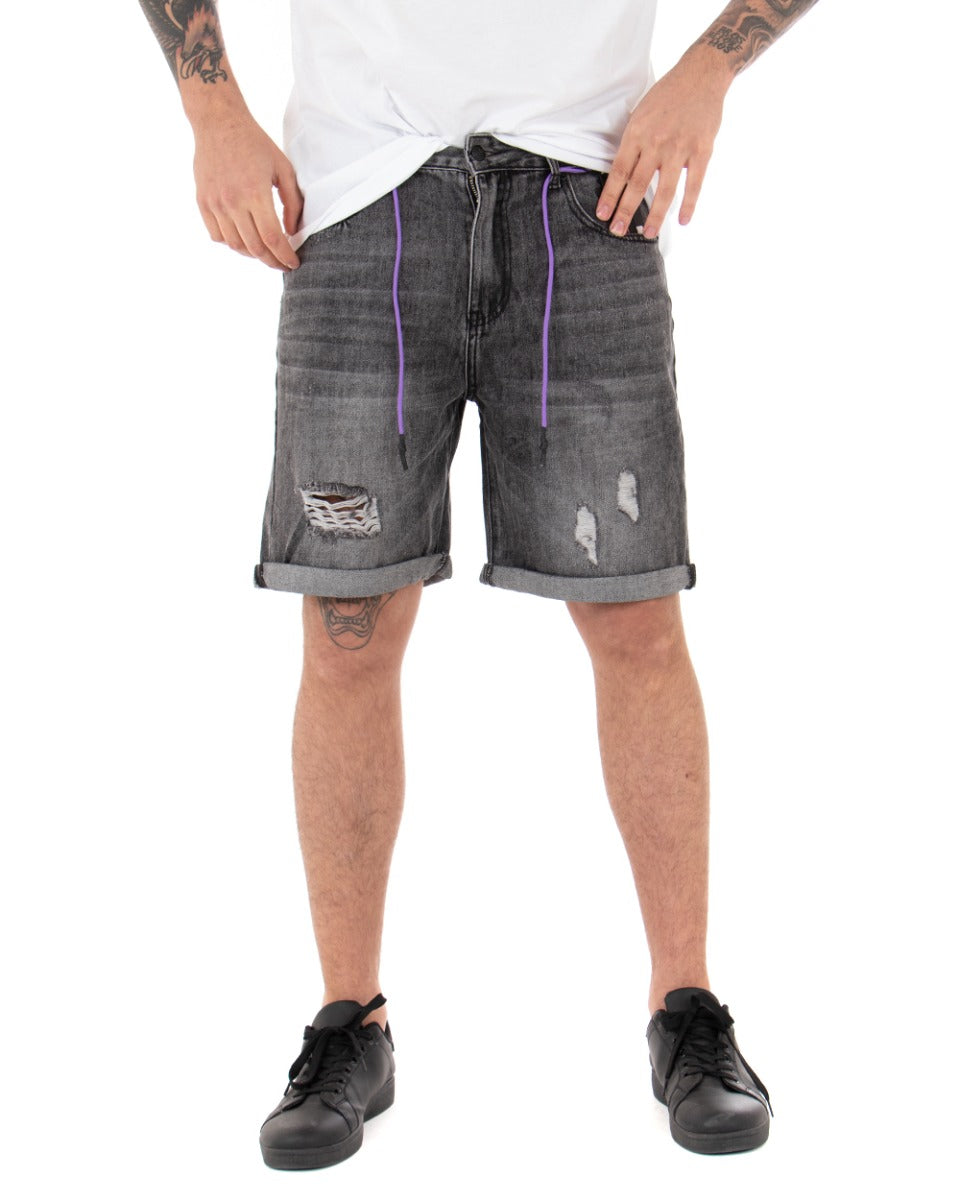 Bermuda Pantaloncino Uomo Corto Jeans Grigio Rotture Cinque Tasche Basic Sfumato GIOSAL-PC1841A