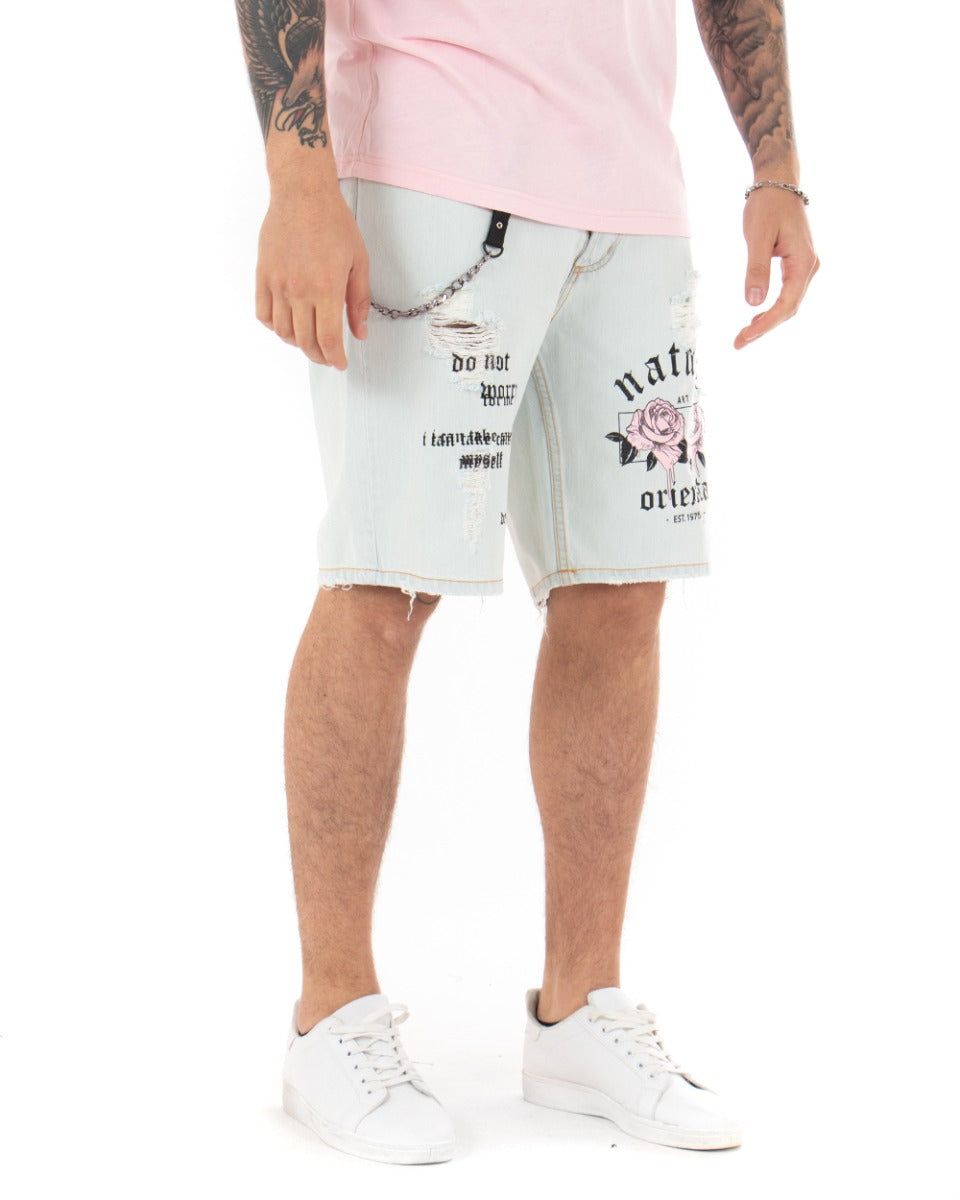 Bermuda Jeans Pantaloncino Uomo Denim Chiaro Stampa Rosa GIOSAL-PC1842A