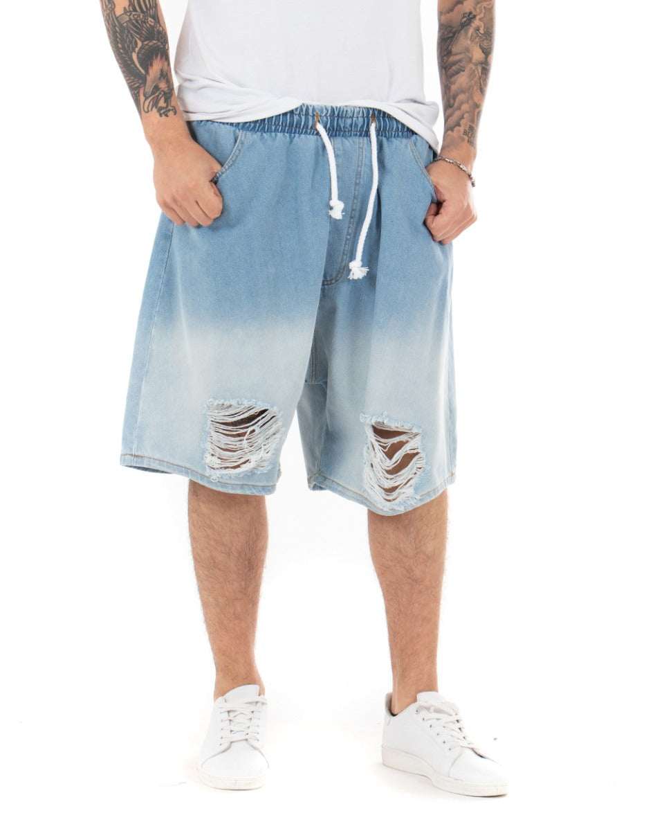 Bermuda Pantaloncino Uomo Jeans Bicolore Denim Chiaro Rotture Sfumato GIOSAL-PC1847A