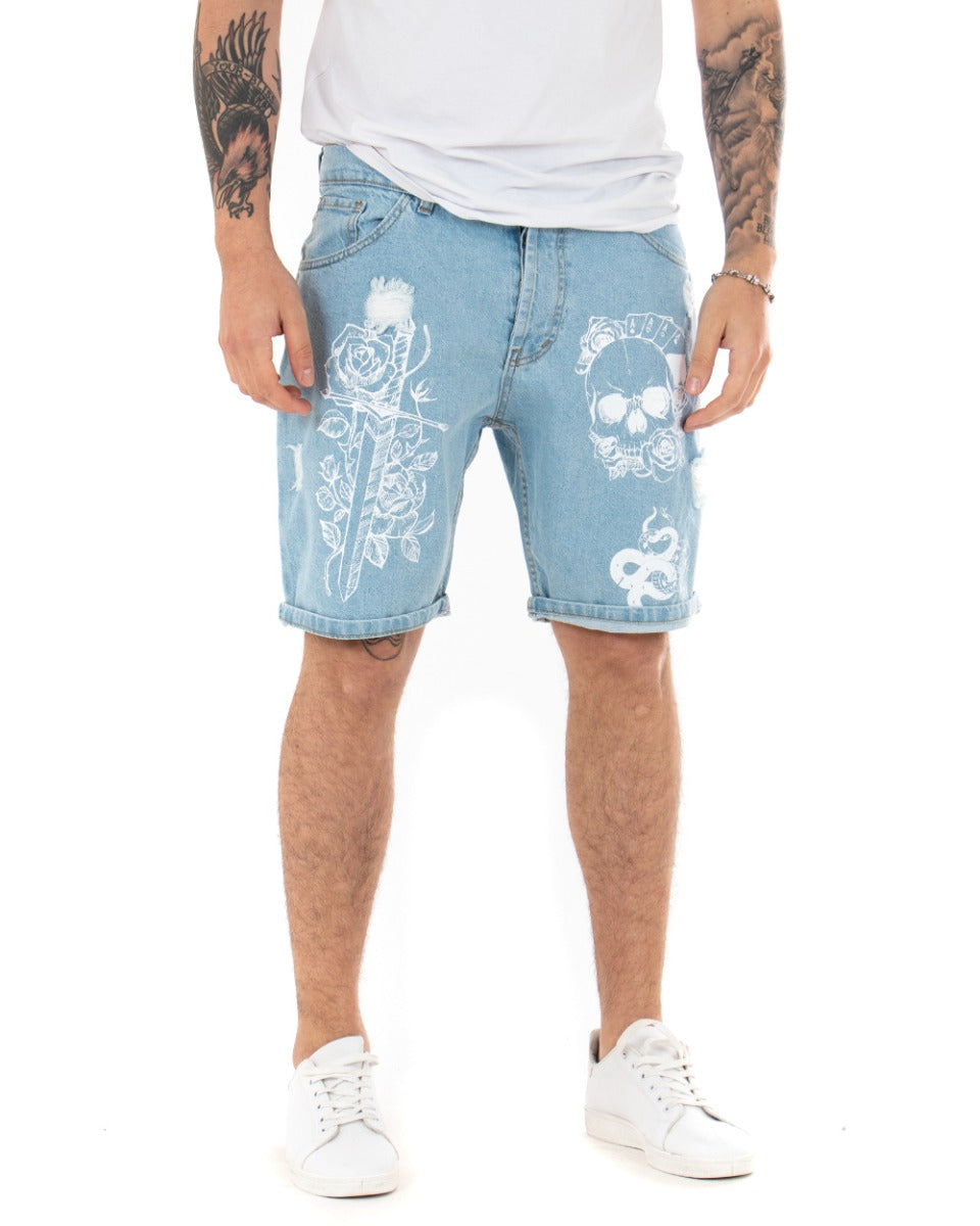 Bermuda Light Jeans Shorts for Men with Skull Print Five Pockets Casual GIOSAL-PC1848A