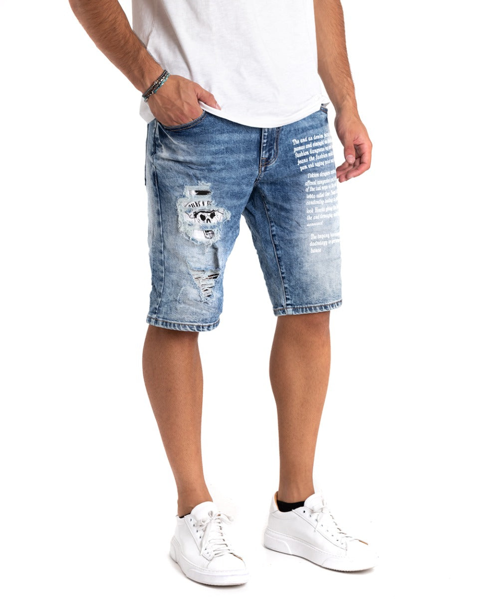 Bermuda Pantaloncino Uomo Jeans Rotture Stampa Scritta Denim Casual GIOSAL-PC1859A