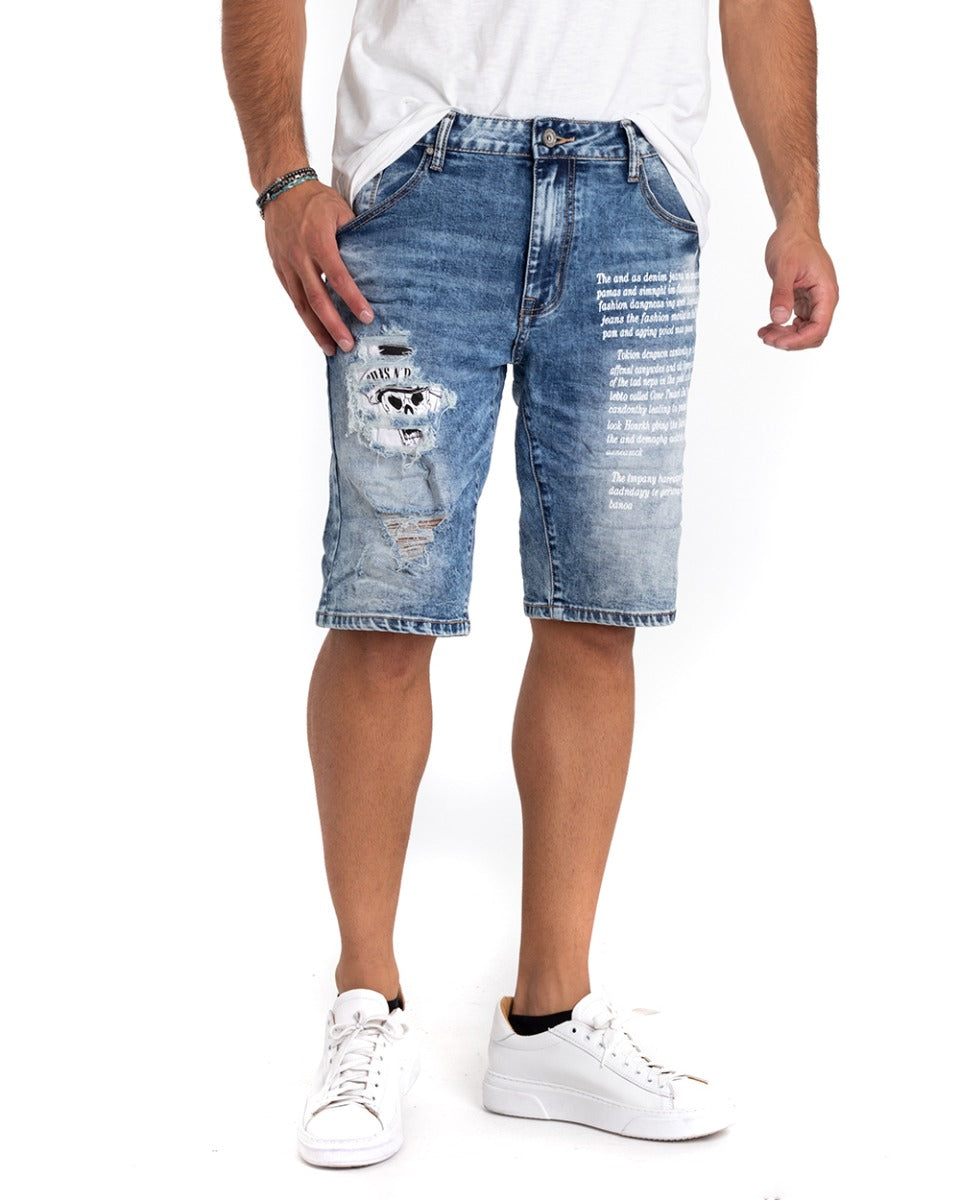 Bermuda Pantaloncino Uomo Jeans Rotture Stampa Scritta Denim Casual GIOSAL-PC1859A