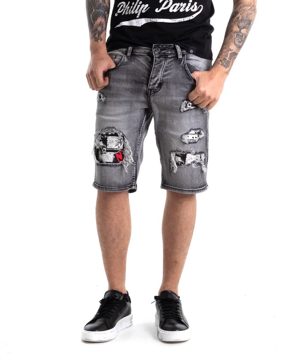 Bermuda Pantaloncino Uomo Corto Jeans Toppe Cinque Tasche Grigio GIOSA