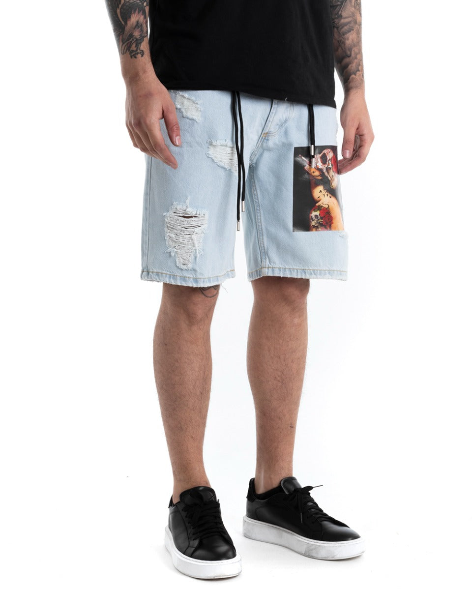 Bermuda Pantaloncino Corto Uomo Jeans Chiaro Stampa Cinque Tasche GIOSAL-PC1873A