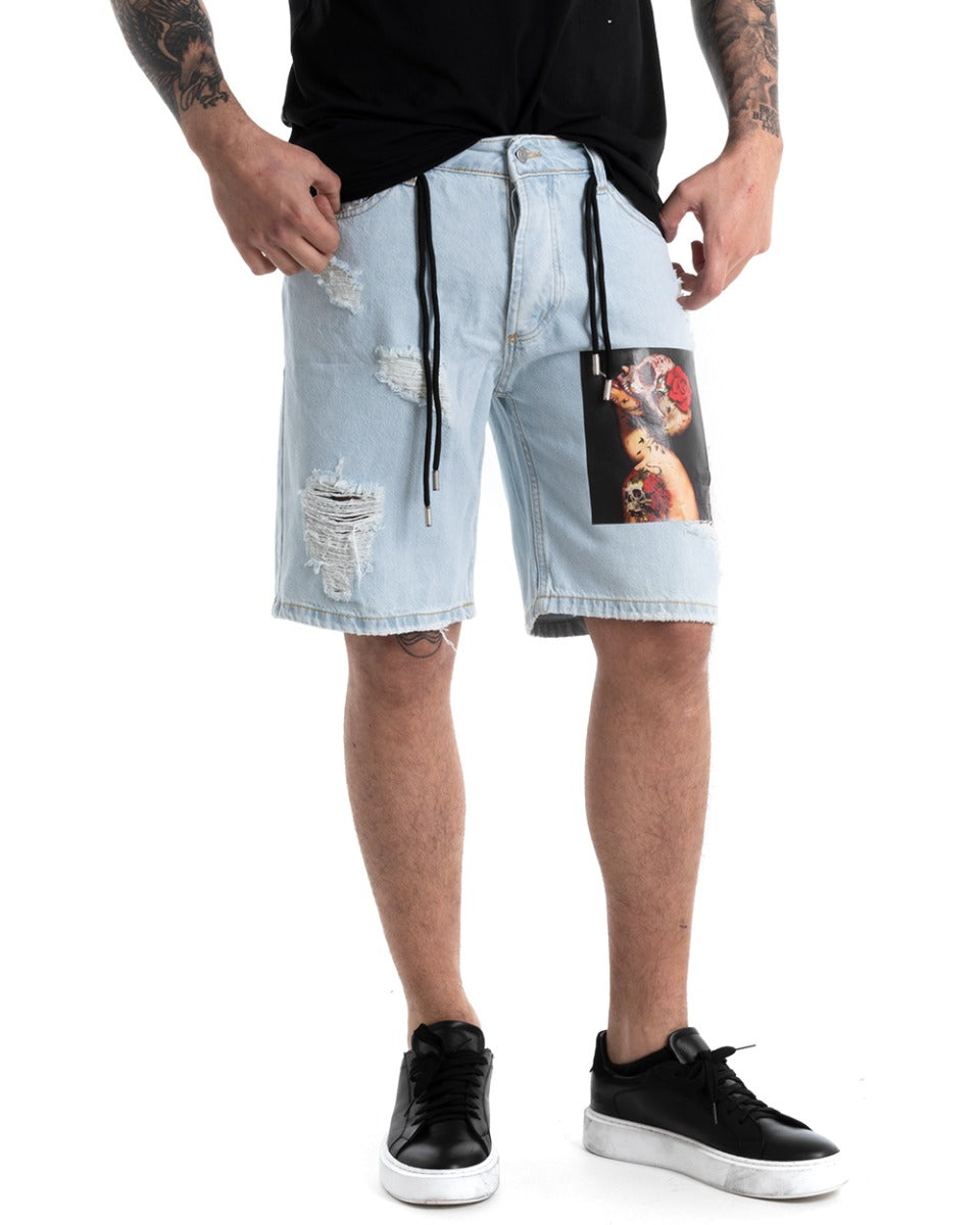 Bermuda Pantaloncino Corto Uomo Jeans Chiaro Stampa Cinque Tasche GIOSAL-PC1873A