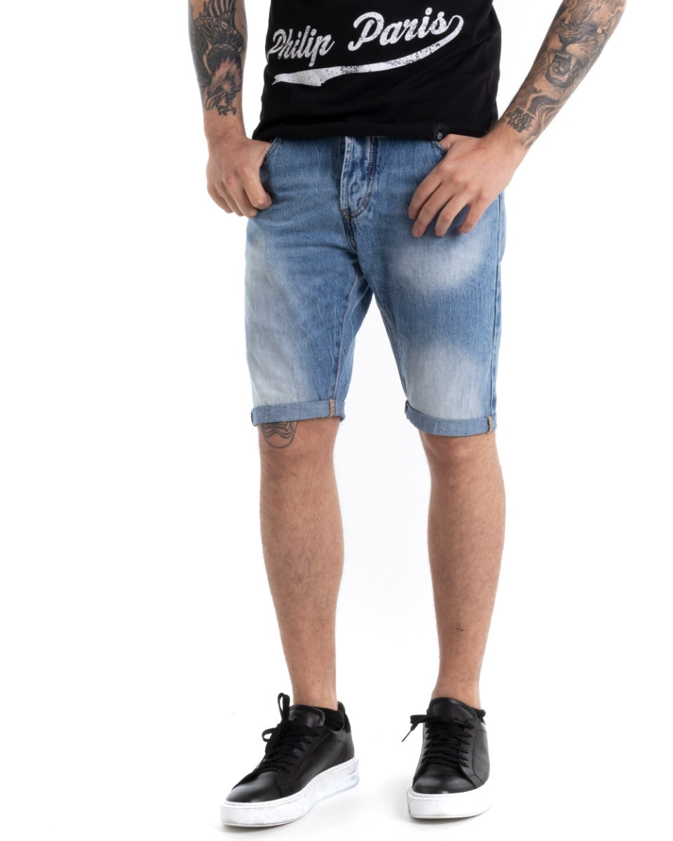 Bermuda Pantaloncino Uomo Jeans Denim Chiaro Slavato Slim Cinque Tasche GIOSAL-PC1877A