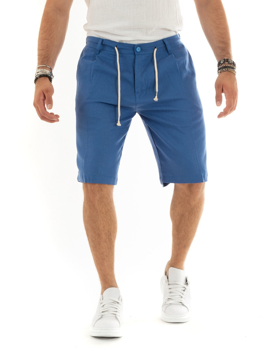 Short Men's Bermuda Shorts Linen Solid Color Royal Blue Tailored With Lace GIOSAL-PC1927A