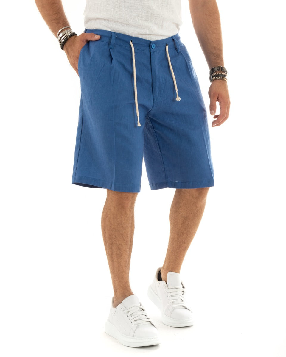 Short Men's Bermuda Shorts Linen Solid Color Royal Blue Tailored With Lace GIOSAL-PC1927A