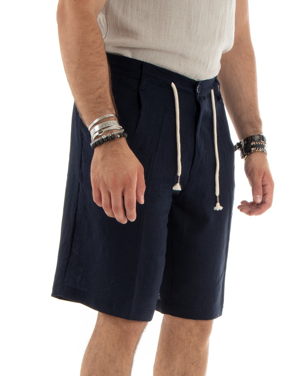 Bermuda Pantaloncino Uomo Corto Lino Tinta Unita Blu Sartoriale Con Laccetto GIOSAL-PC1928A