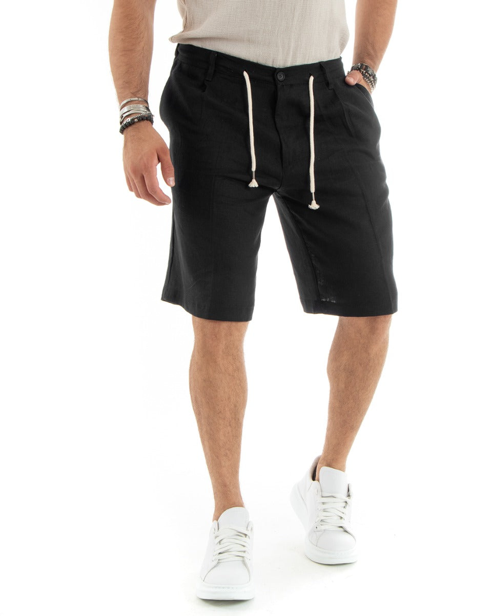 Short Men's Bermuda Shorts Linen Solid Color Tailored Black With Lace GIOSAL-PC1929A
