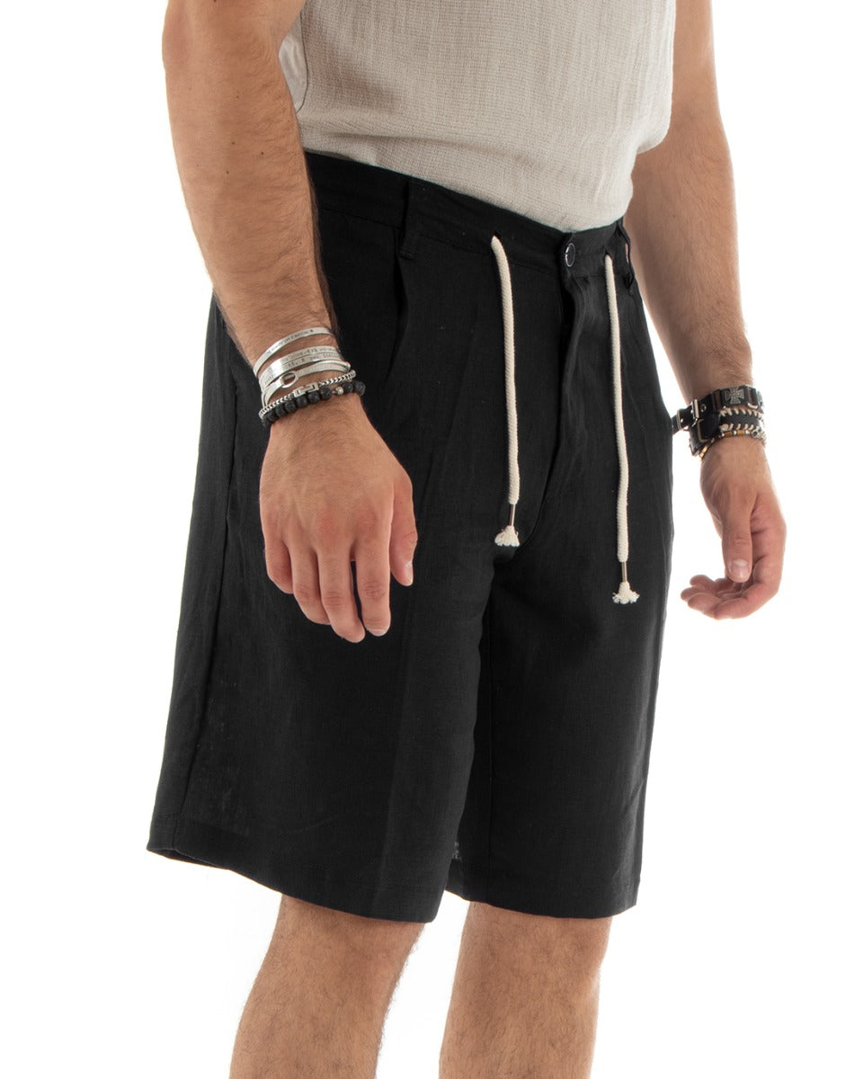 Short Men's Bermuda Shorts Linen Solid Color Tailored Black With Lace GIOSAL-PC1929A