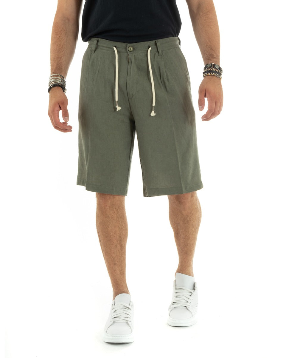 Short Men's Bermuda Shorts Linen Solid Color Tailored Green With Lace GIOSAL-PC1931A