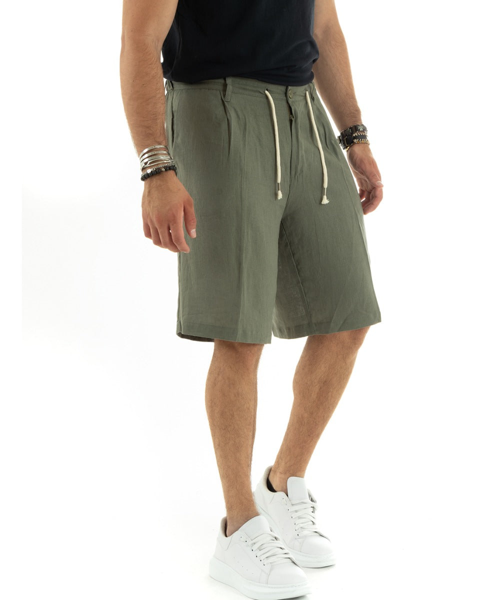 Bermuda Pantaloncino Uomo Corto Lino Tinta Unita Verde Sartoriale Con Laccetto GIOSAL-PC1931A