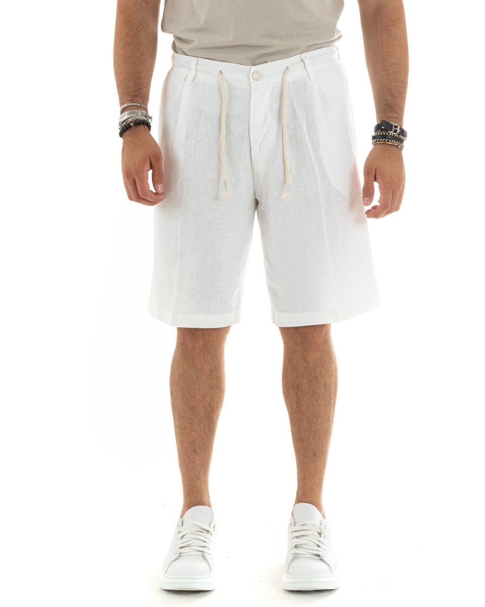Bermuda Pantaloncino Uomo Corto Lino Tinta Unita Bianco Sartoriale Con Laccetto GIOSAL-PC1932A