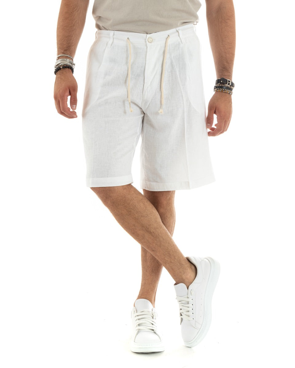 Bermuda Pantaloncino Uomo Corto Lino Tinta Unita Bianco Sartoriale Con Laccetto GIOSAL-PC1932A