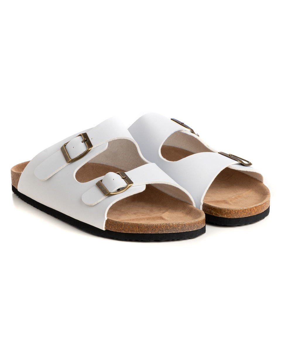 Open Sandal Faux Leather Shoes Slipper Men Unisex Double Buckle Sandals White GIOSAL-S1202A