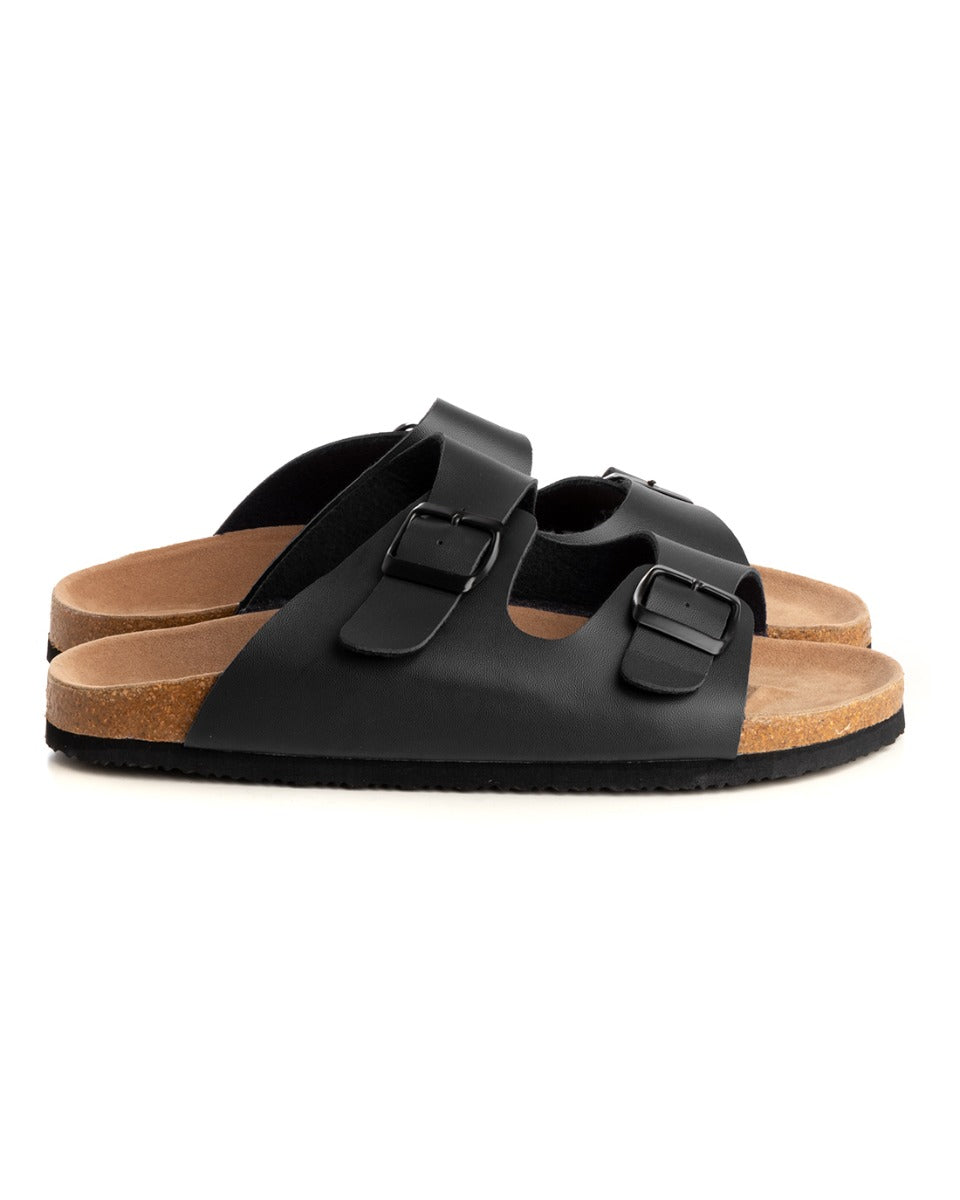 Open Sandal Faux Leather Shoes Slipper Men Unisex Double Buckle Sandals Black GIOSAL-S1203A