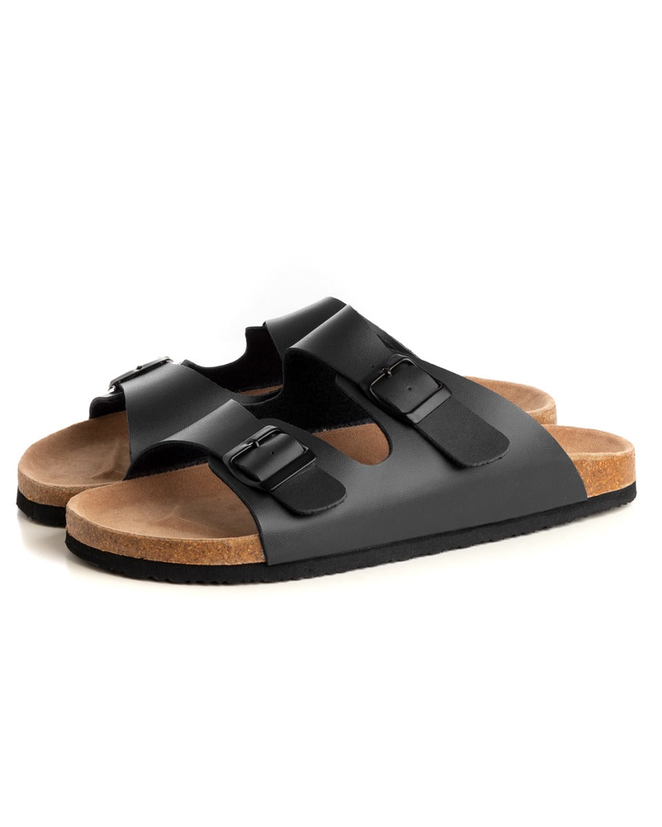 Open Sandal Faux Leather Shoes Slipper Men Unisex Double Buckle Sandals Black GIOSAL-S1203A