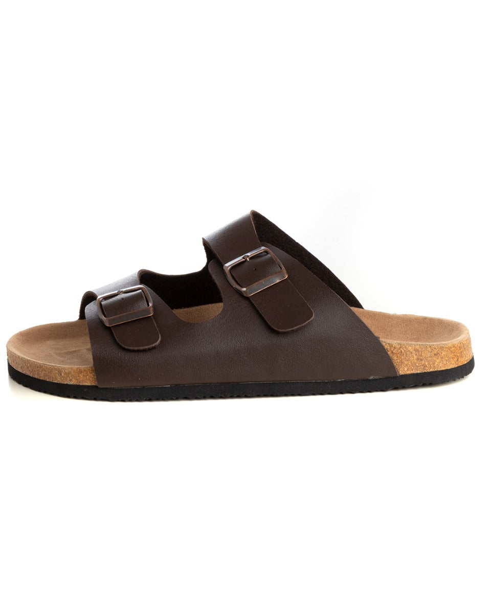 Open Sandal Faux Leather Shoes Slipper Men Unisex Double Buckle Sandals Brown GIOSAL-S1204A
